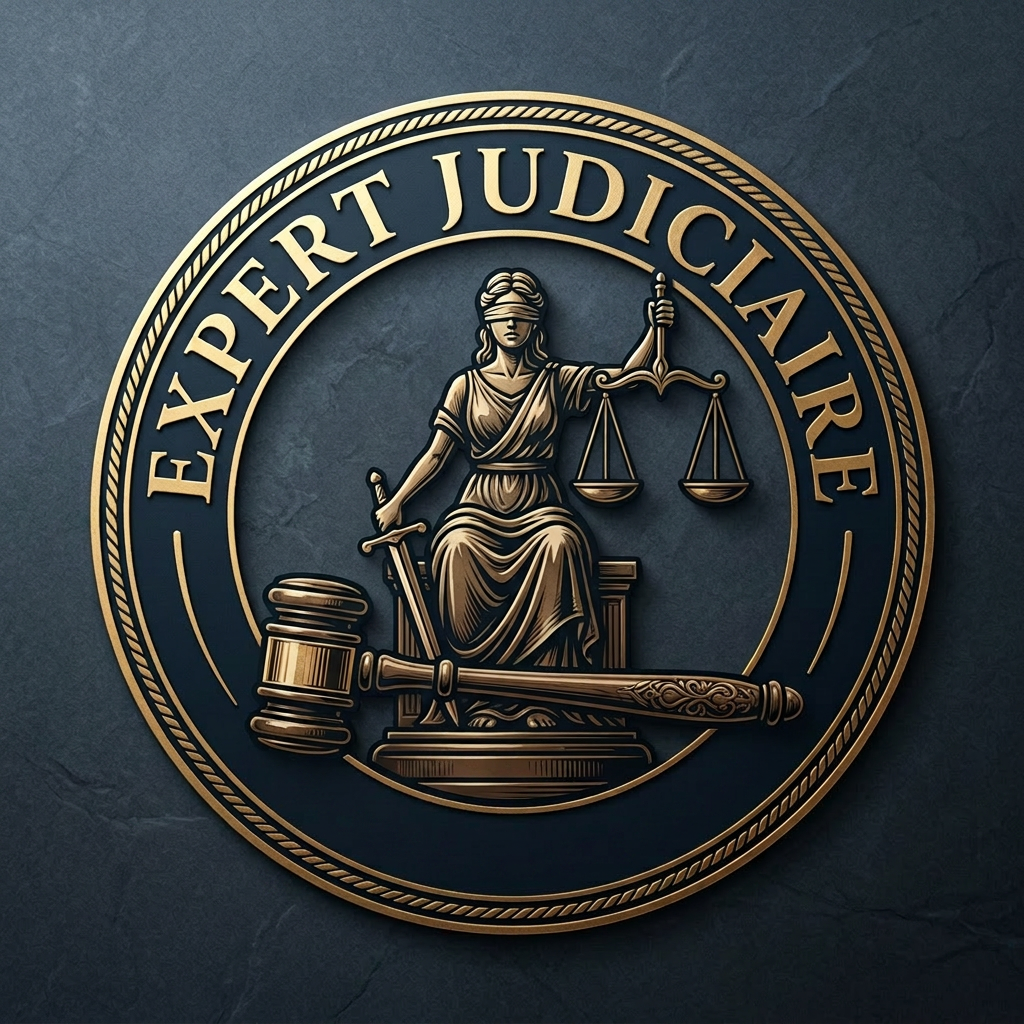 Sceau Expert Judiciaire avec la statue de la Justice aux yeux bandés, tenant une balance et un marteau de juge